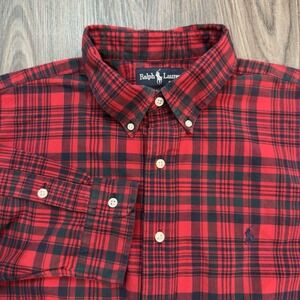 Ralph Lauren Red Black Plaid Blake Cotton Flannel Long Sleeve Shirt Men's  XL